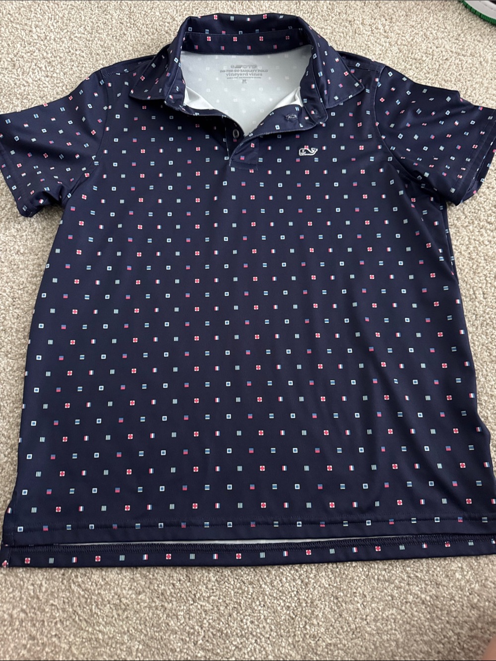 Vineyard Vines Navy Polo with Pink and Light Blue Squares
